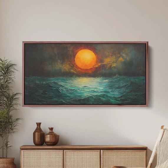 Dark Sunset Orange Sun Green Sea Dark Colors Moody Print