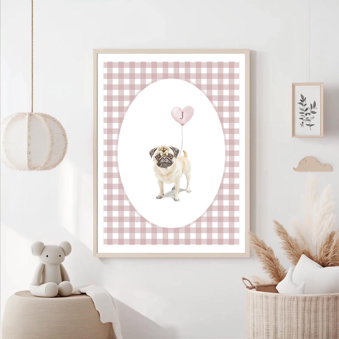 Pug with Heart Balloon Monogram Custom Nursery Dog Portrait Poster - Image 3