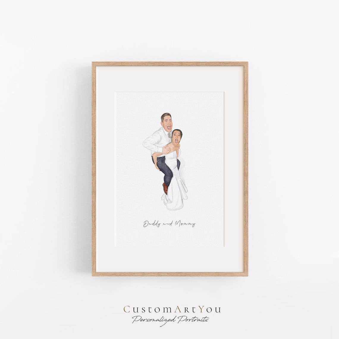 Wedding Couple with Black Dog Custom Watercolor Portrait Poster - Image 2