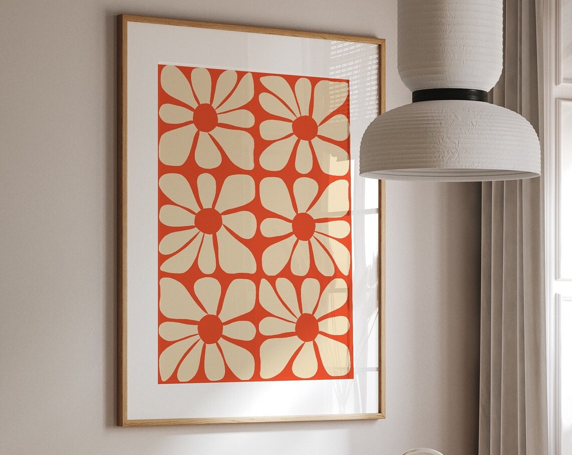 Orange Boho Mid Century Wavy Flower Pattern Poster - Image 3