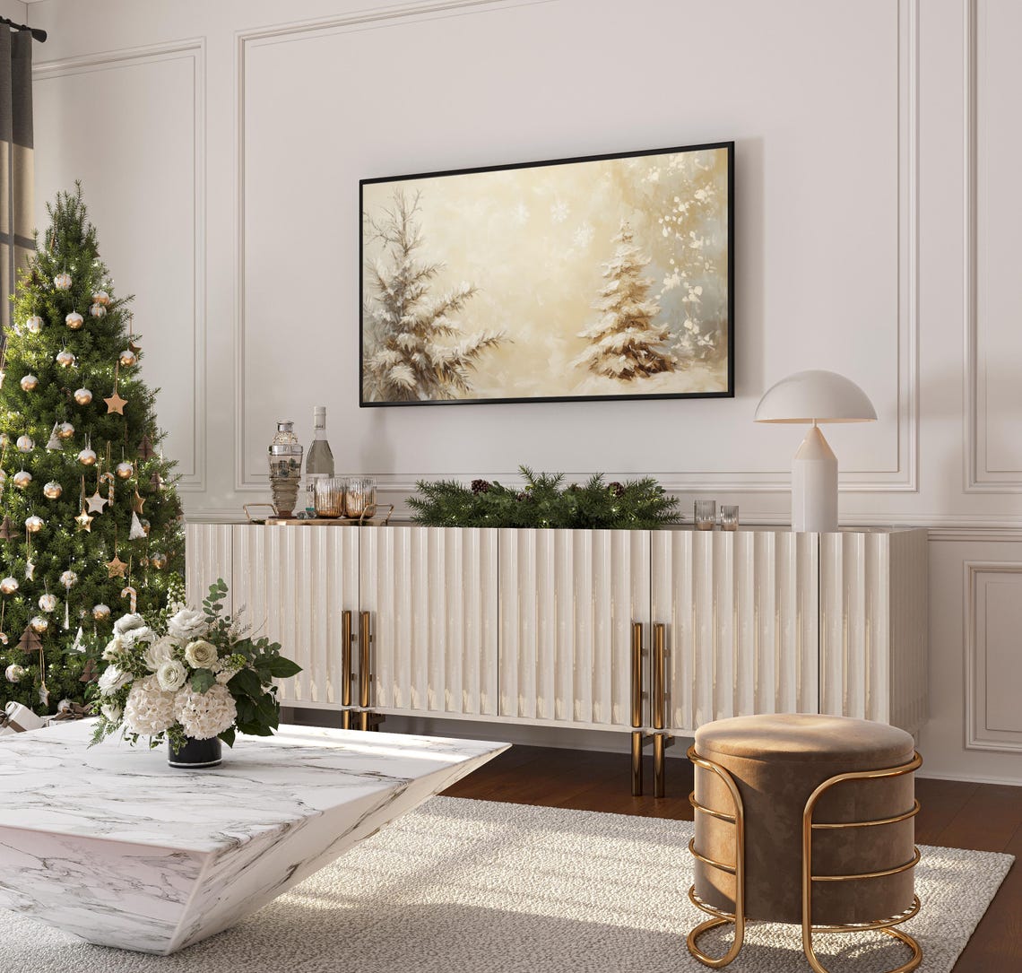 Minimalist Golden Snowy Pine Trees Winter Forest Scene Tv Art Poster - Image 3