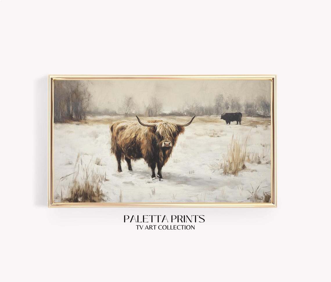Highland Cow Snowy Winter Field Rustic Countryside Painting Tv Poster