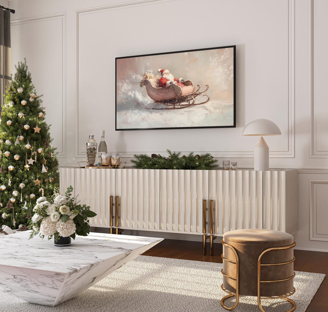 Santas Sleigh Ride Vintage Christmas Snowy Night Scene Wall Art - Image 3