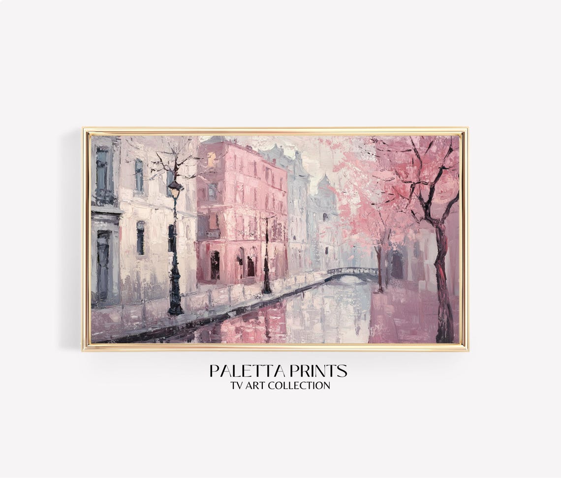 Pink Canal Cityscape Blossom Trees Romantic Street Art Poster