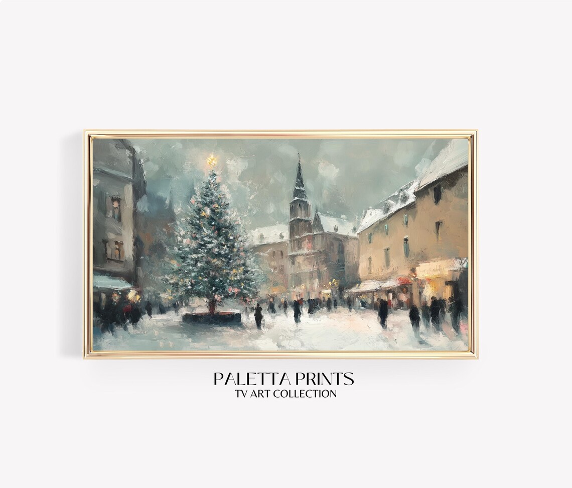 Snowy Christmas Market Square Tree European Holiday Scene Tv Poster