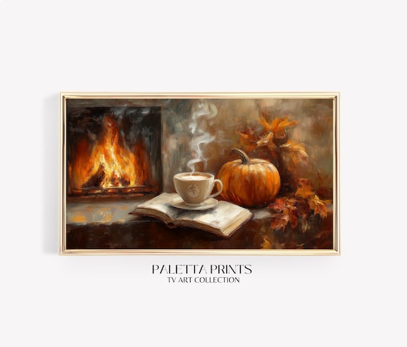 Cozy Fireplace Steaming Coffee Open Book Pumpkin Fall Fireside Art Print