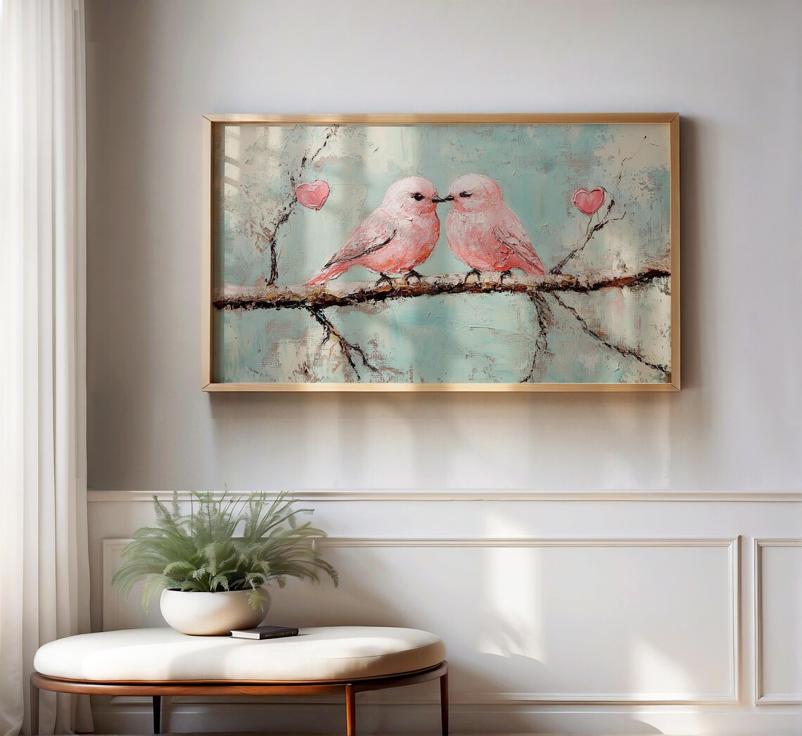 Pink Lovebirds Kissing Hearts Teal Background Bird Art Poster - Image 2