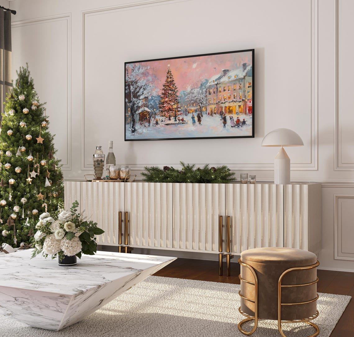 Festive Town Square Christmas Tree Snowy Village Lights Wall Art - Image 3