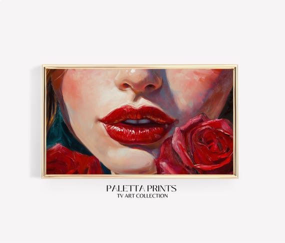 Close Up Red Lips And Roses Oil Painting Romantic Modern Wall Art Bold And Elegant Aesthetic Artwork Contemporary Modern Valentines Decor