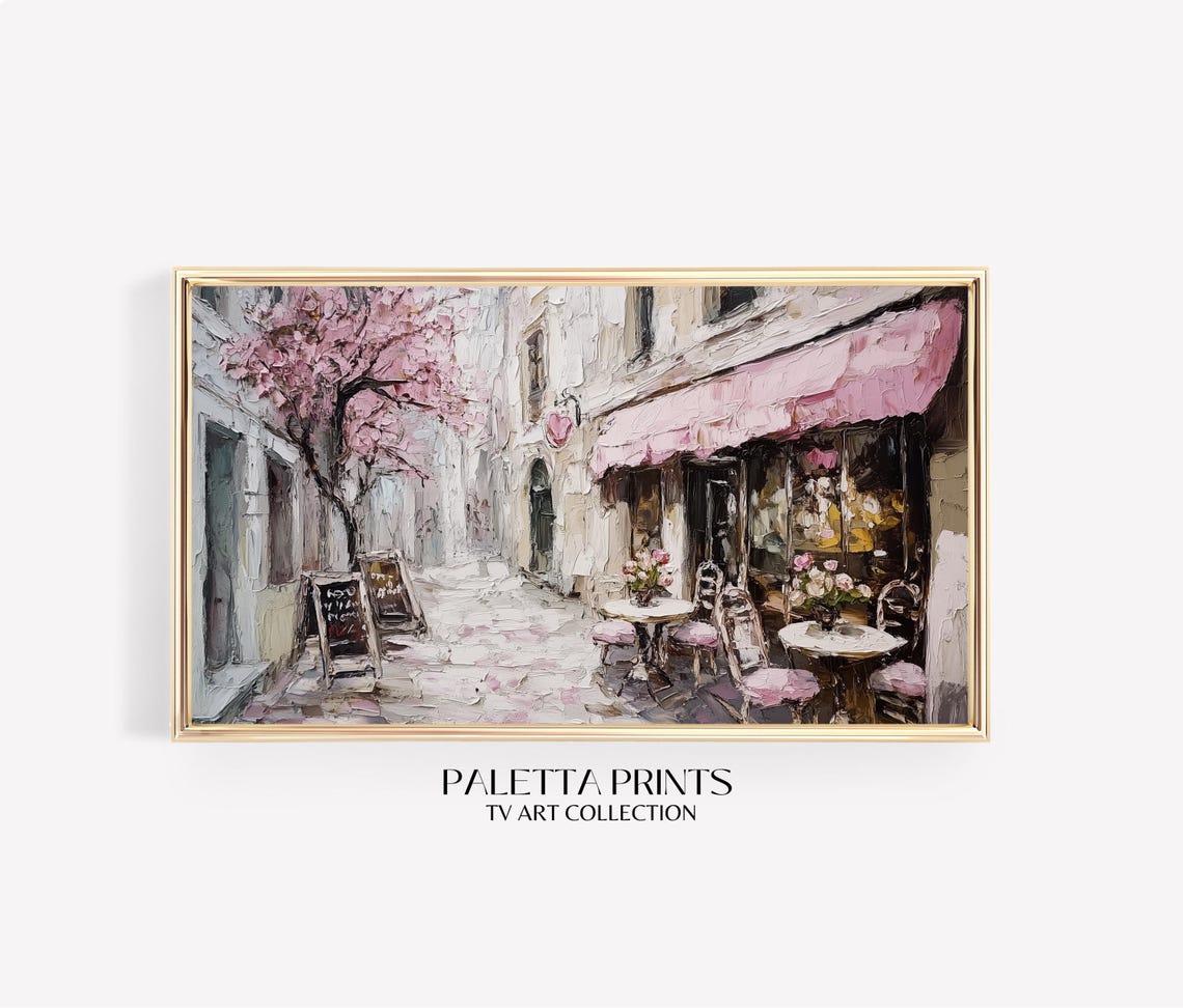 Parisian Cafe Street Pink Awning Spring Blossom Travel Poster