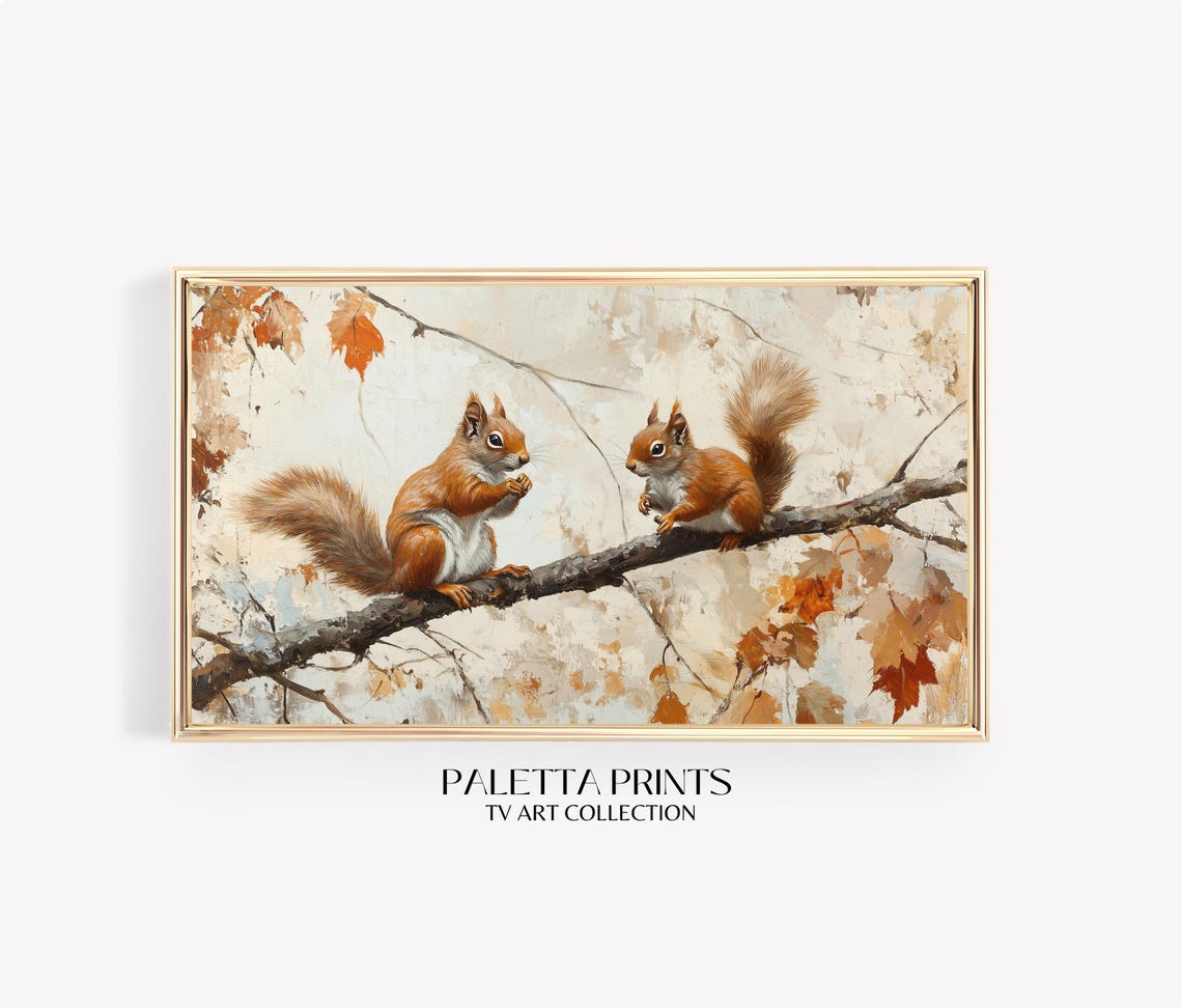 Two Red Squirrels Autumn Branch Cute Woodland Animals Rustic Art Print