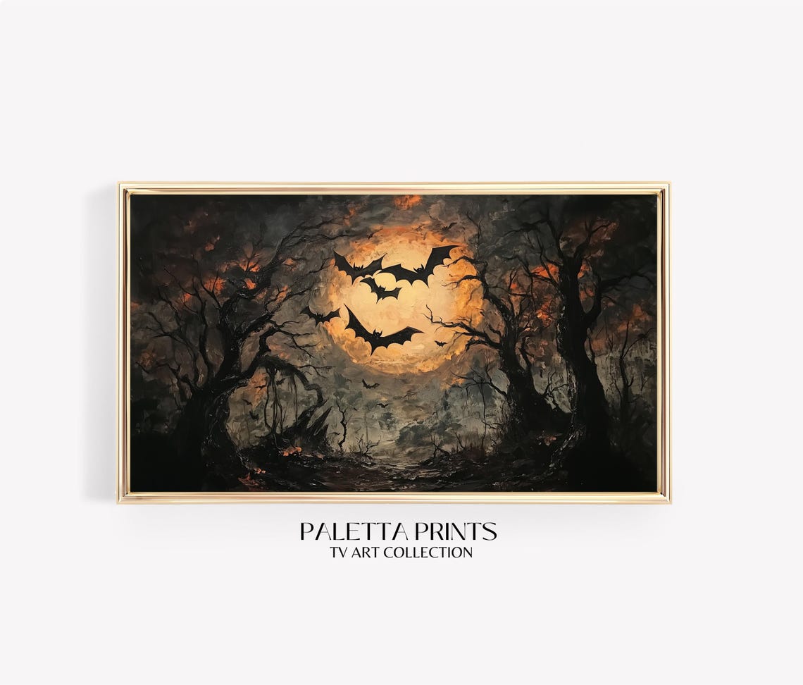 Spooky Forest Bats Under Glowing Orange Moon Halloween Night Poster