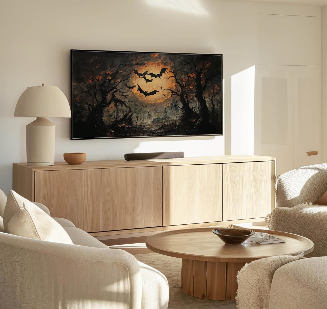 Spooky Forest Bats Under Glowing Orange Moon Halloween Night Poster - Image 3
