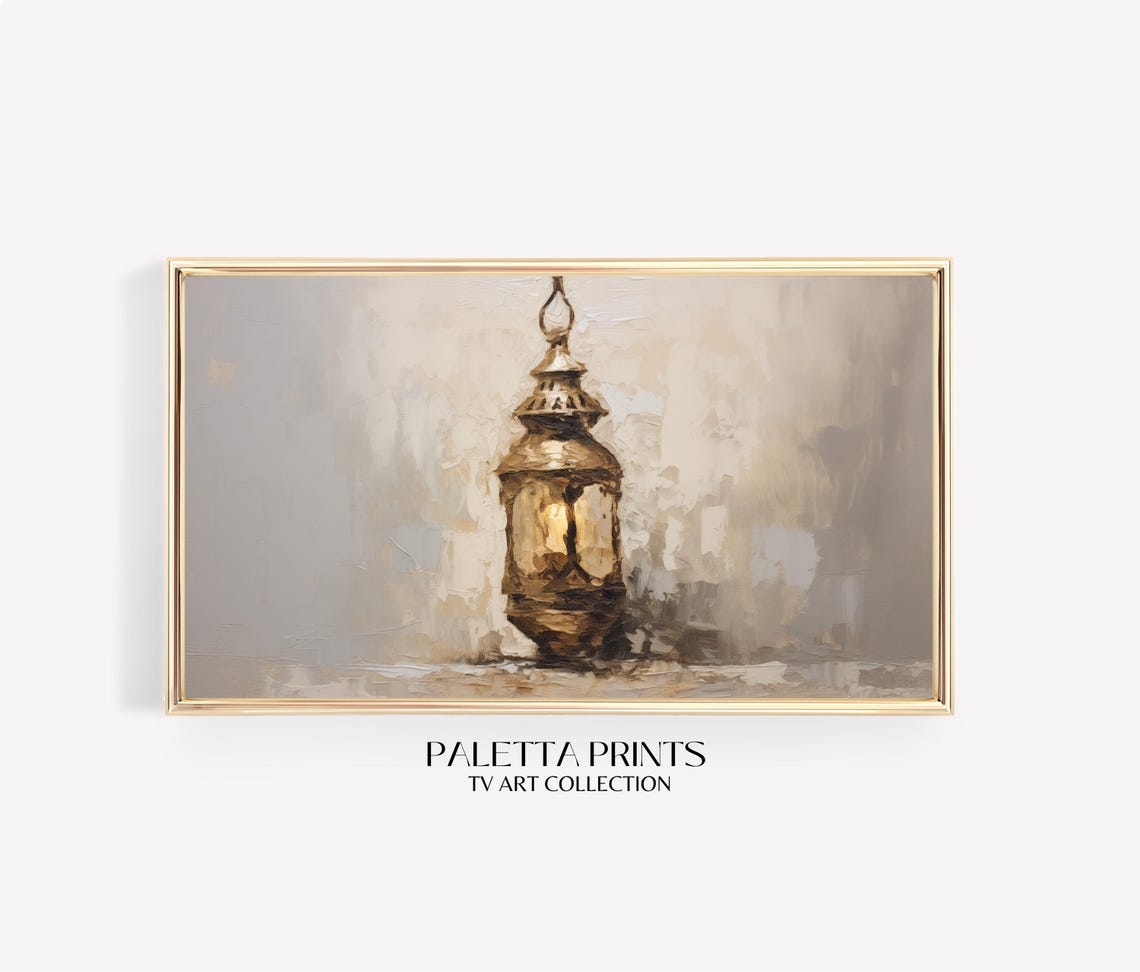 Islamic Lantern Art Ramadan Kareem Wall Art Gold And Beige Rustic Frame Tv Artwork Middle Eastern Home Decor Arabic Lamp Glow - Image 3