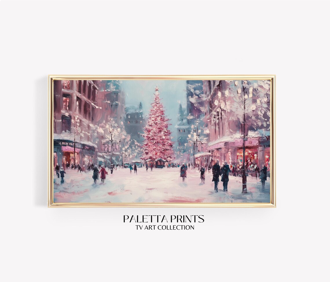Pink Christmas City Street Painting Snowy Urban Winter Scene Art Print