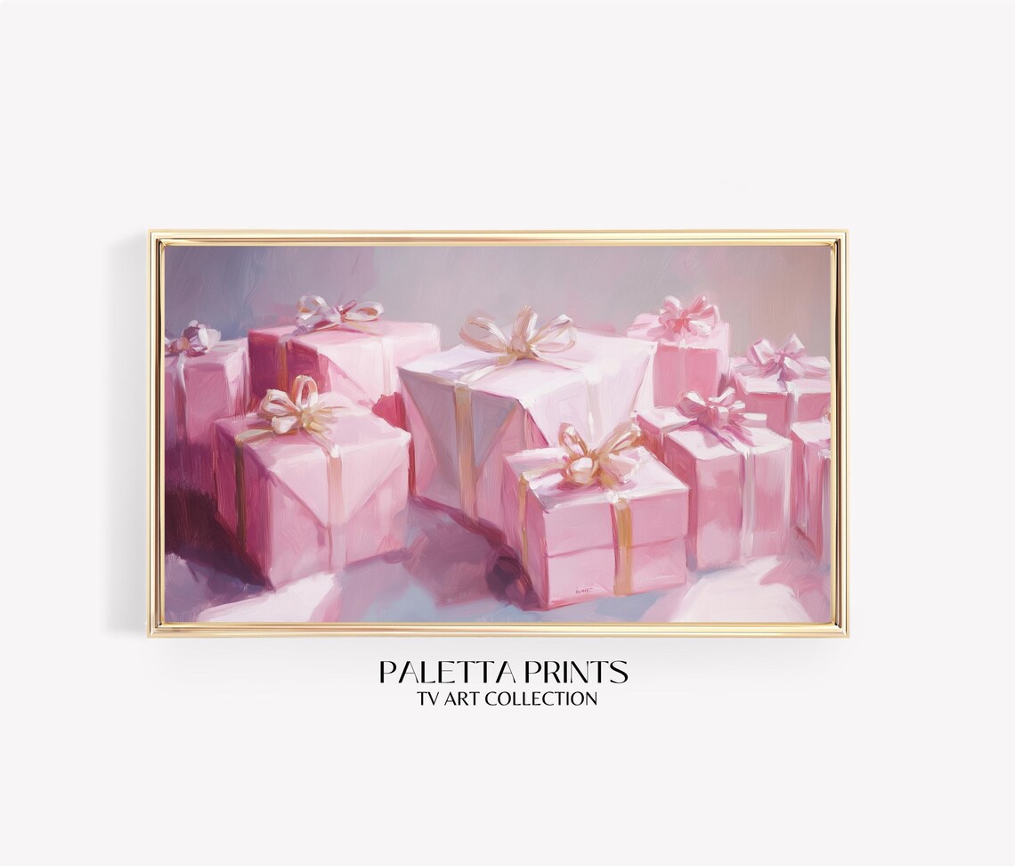 Pink Christmas Gift Boxes Gold Bow Painting Elegant Holiday Art Print