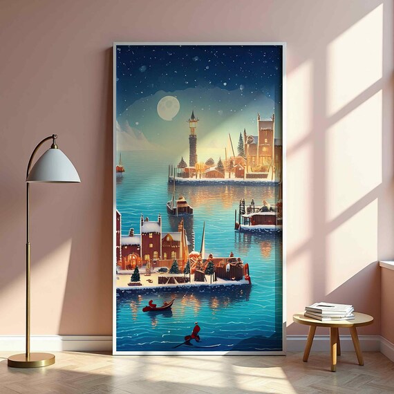 Winter Coastal Village Full Moon Harbor Lighthouse Snowy Night Poster