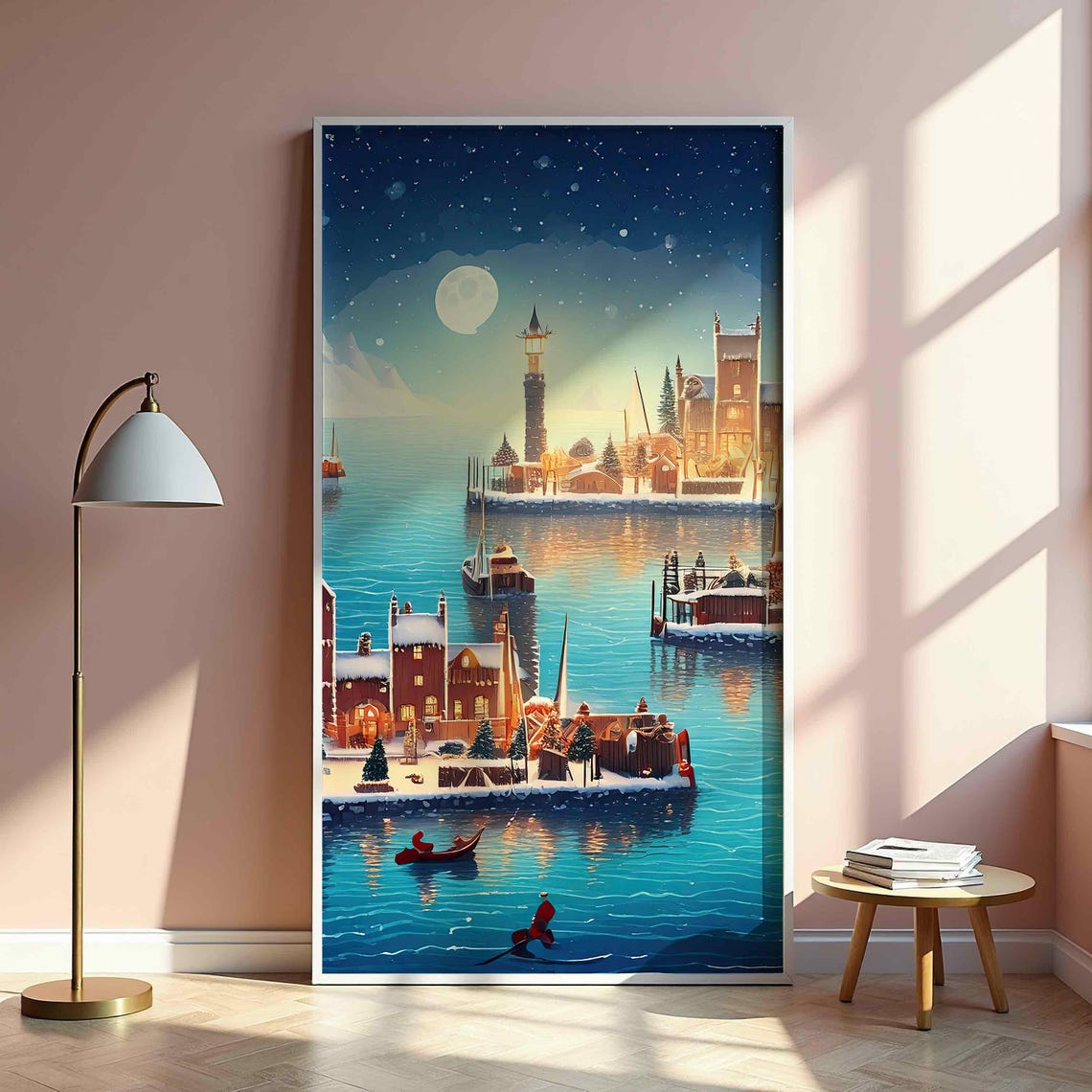 Winter Coastal Village Full Moon Harbor Lighthouse Snowy Night Poster