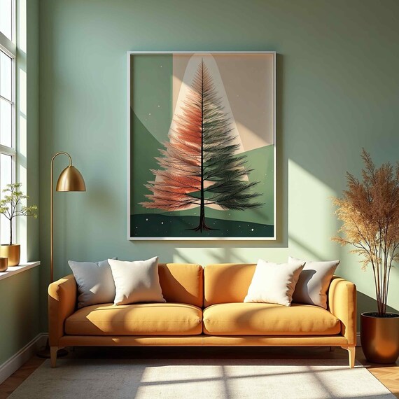 Two Tone Pine Tree Geometric Mountains Mid Century Modern Nature Poster