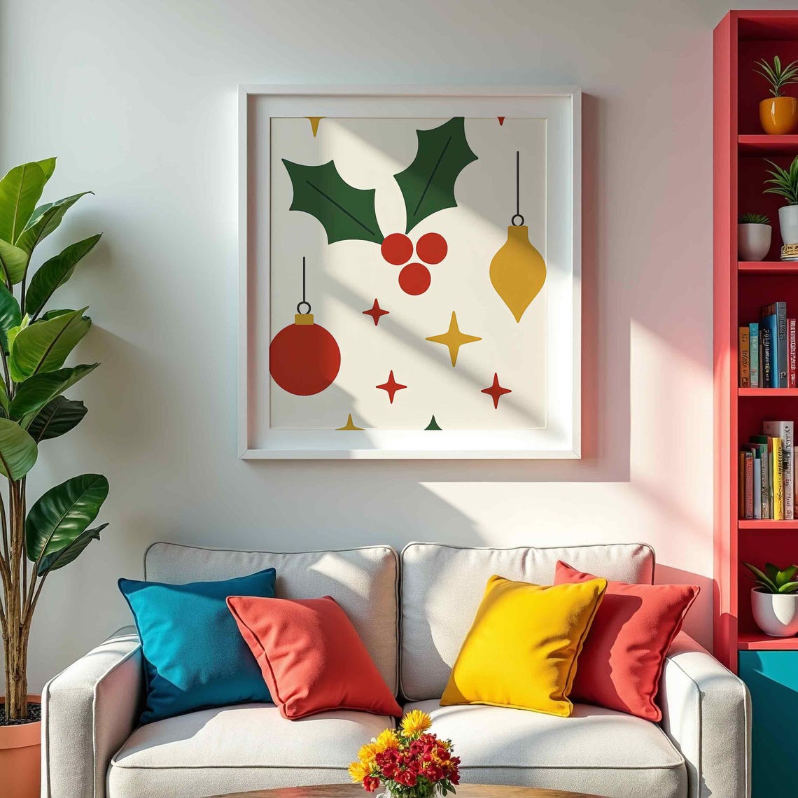 Holly Berries Retro Ornaments Mid Century Christmas Wall Art