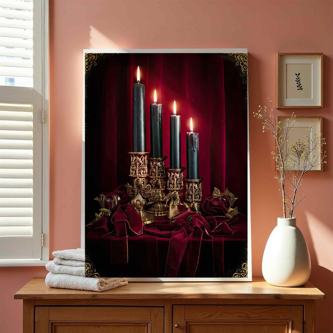 Four Black Candles Ornate Gold Holders Dark Red Gothic Wall Poster