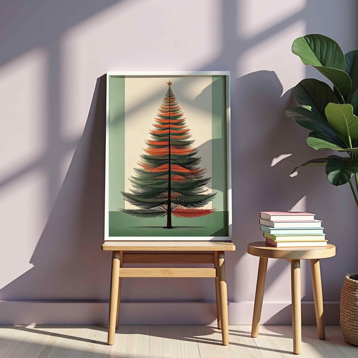Retro Striped Christmas Tree Star Topper Mid Century Holiday Decor Poster