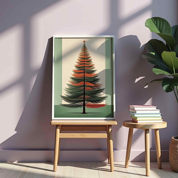 Retro Striped Christmas Tree Star Topper Mid Century Holiday Decor Poster