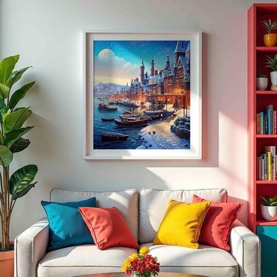 Moonlit Christmas Harbor Snowy Brick Town Boats Night Scene Wall Art