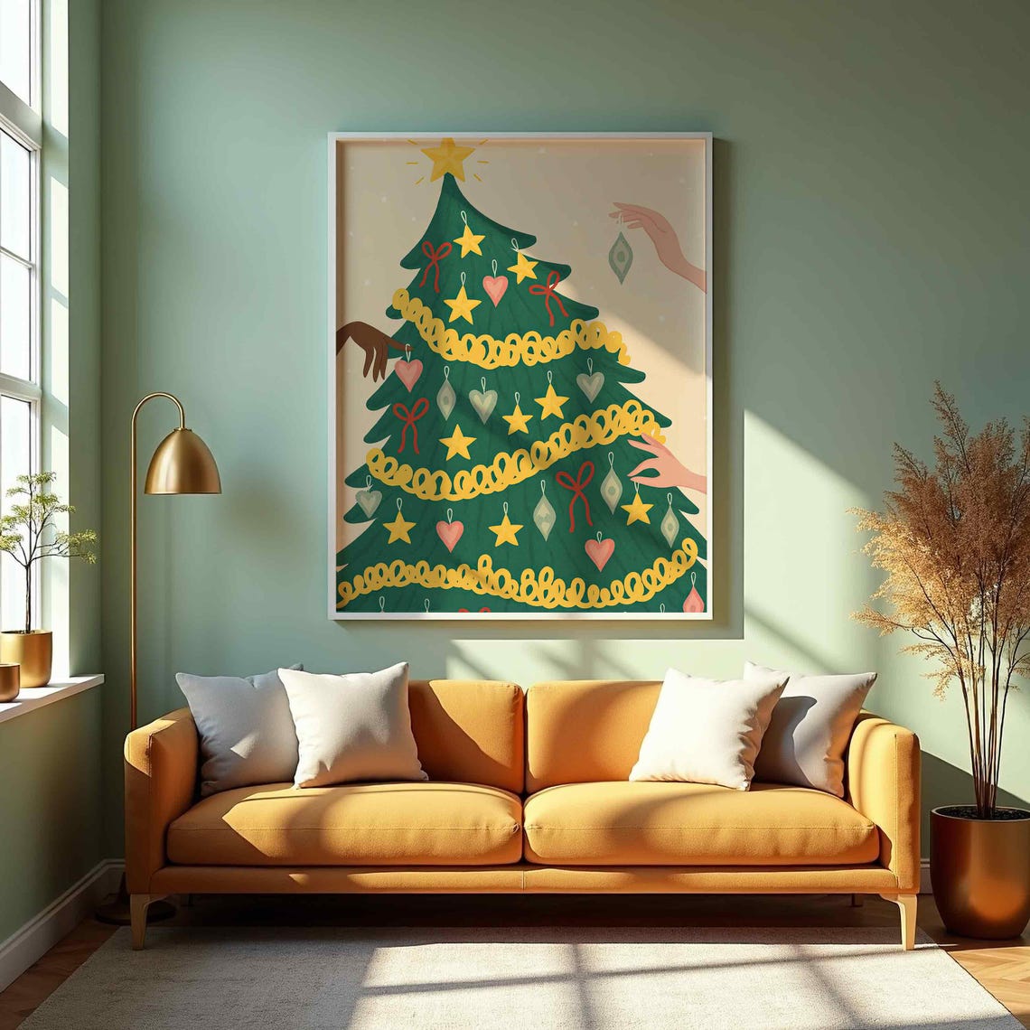 Decorating the Christmas Tree Hands Star Ornaments Holiday Wall Art