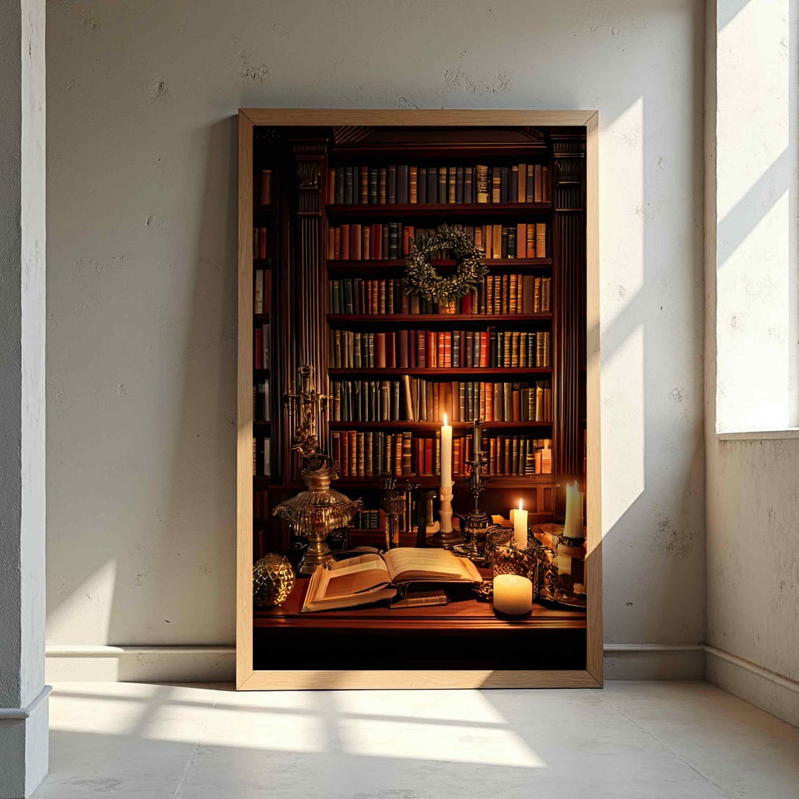 Antique Library Bookshelf Wreath Candlelight Warm Wall Poster