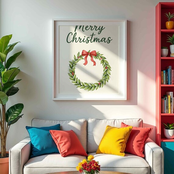 Merry Christmas Wreath Watercolor Red Bow Holiday Poster Art