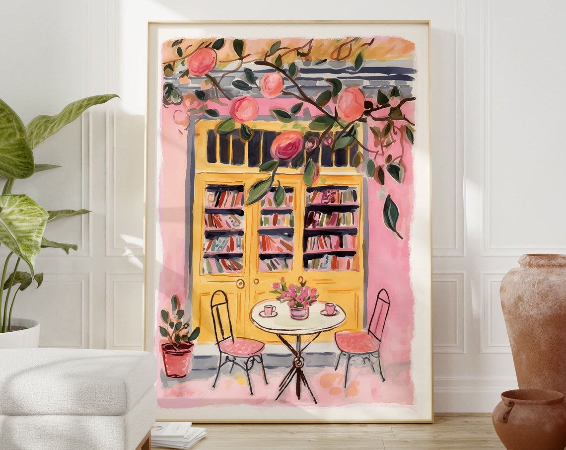 Pink Cafe Bookshop Bookworm Art Print