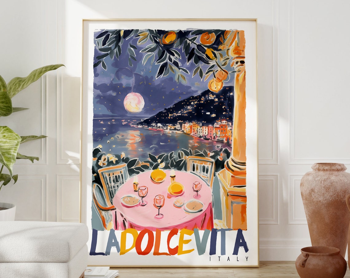 La Dolce Vita Italy Amalfi Coast Moonlight Dinner Watercolor Poster