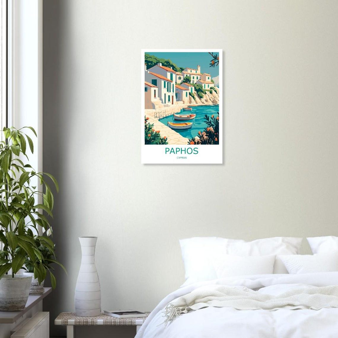 Paphos Harbor Fishing Boats Whitewashed Houses Cyprus Poster - Image 2