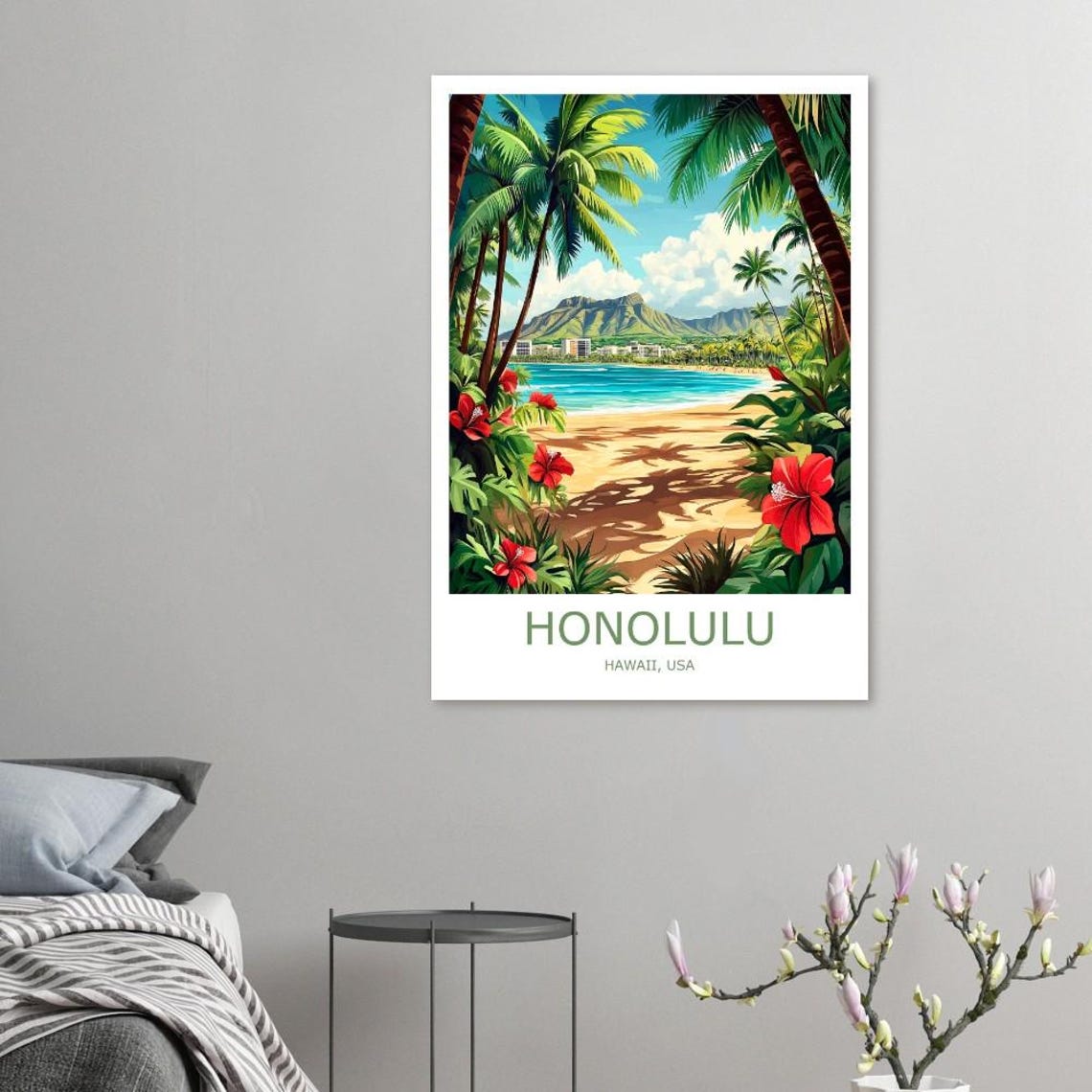 Honolulu Waikiki Beach Diamond Head Palm Trees Hawaii USA Poster - Image 3