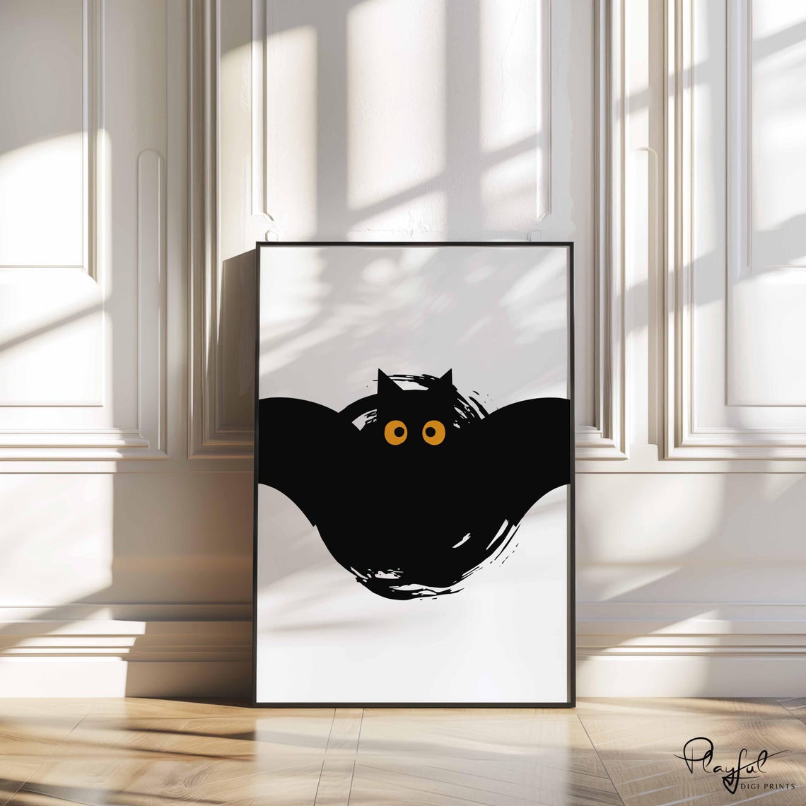 Cute Minimalist Black Bat Halloween Illustration Orange Eyes Poster - Image 3