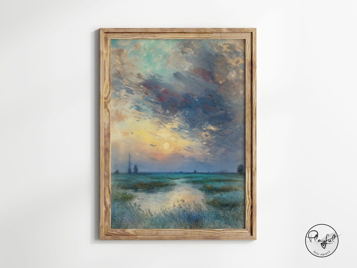 Mystical Sunset Lake Landscape Painting Teal Gold Vintage Art Poster - Image 3
