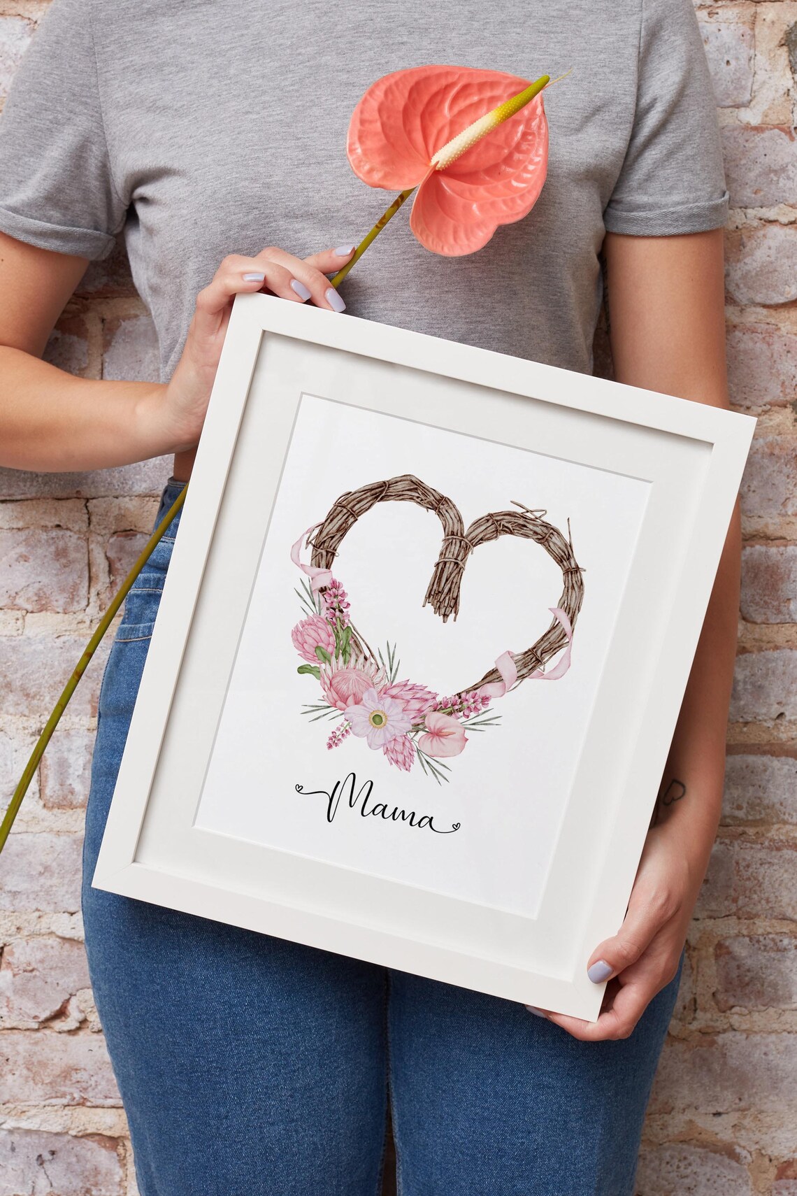 Mama Rattan Heart Wreath Pink Flowers Watercolor Mothers Day Print - Image 5