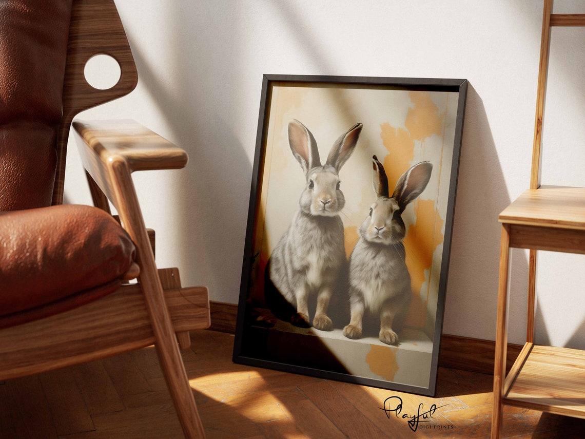 Two Cute Gray Bunnies Sitting Japandi Style Animal Art Print - Image 5