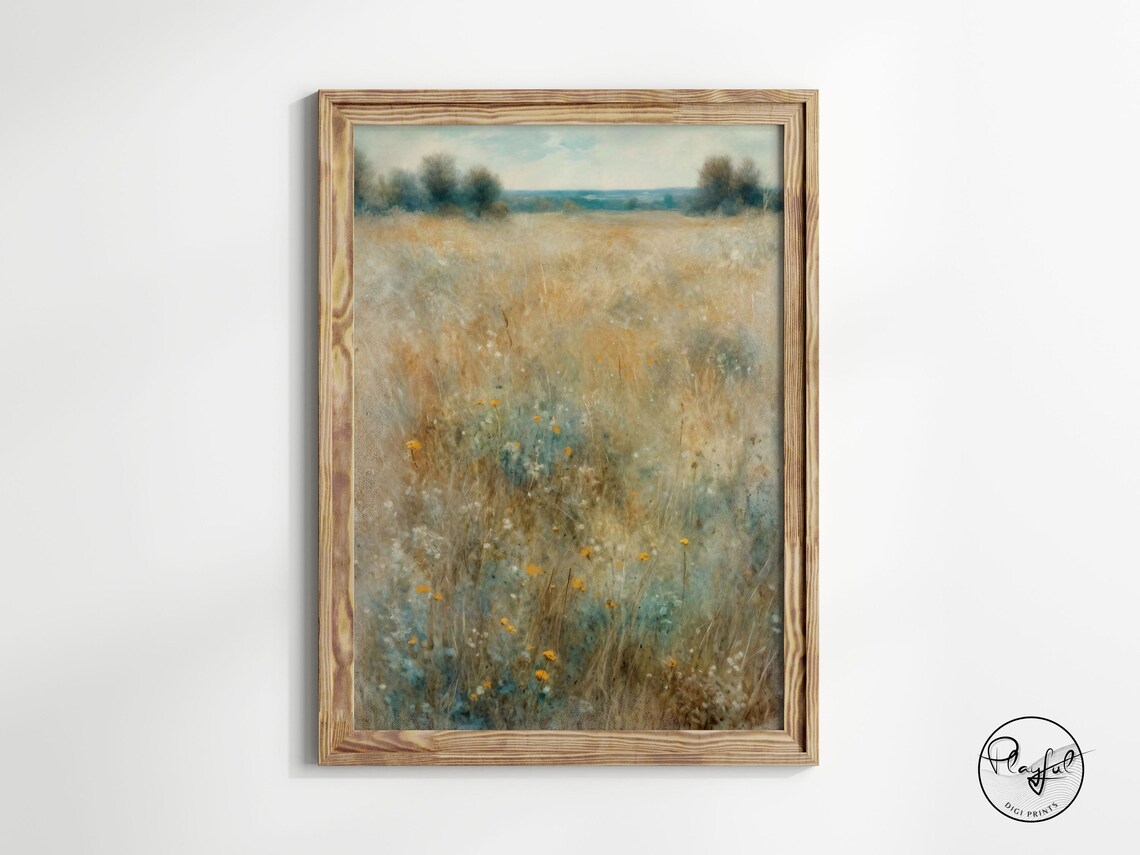 Moody Wildflower Meadow Field Painting Golden Moody Landscape Wall Art - Image 3