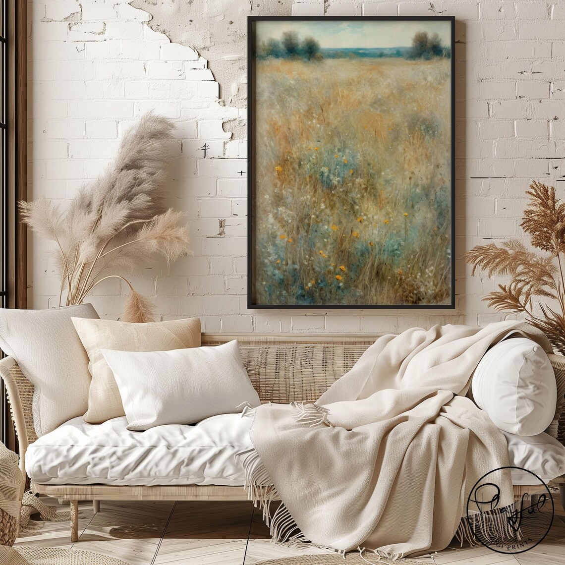 Moody Wildflower Meadow Field Painting Golden Moody Landscape Wall Art - Image 5