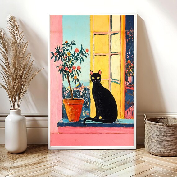 Black Cat on Colorful Windowsill Matisse Fauvist Style Poster