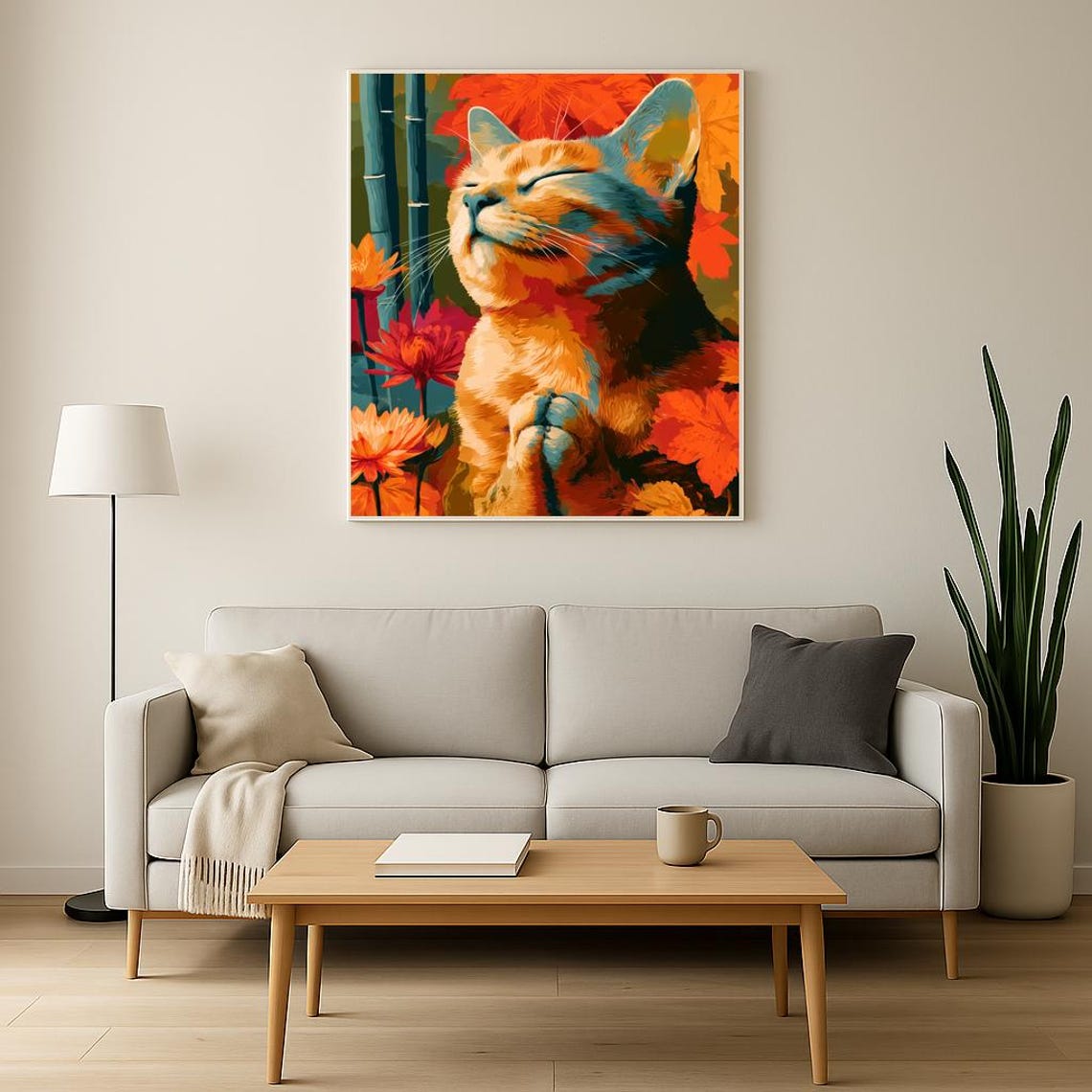 Bold Pop Art Zen Cat Meditating Orange Flowers Vibrant Wall Poster - Image 3