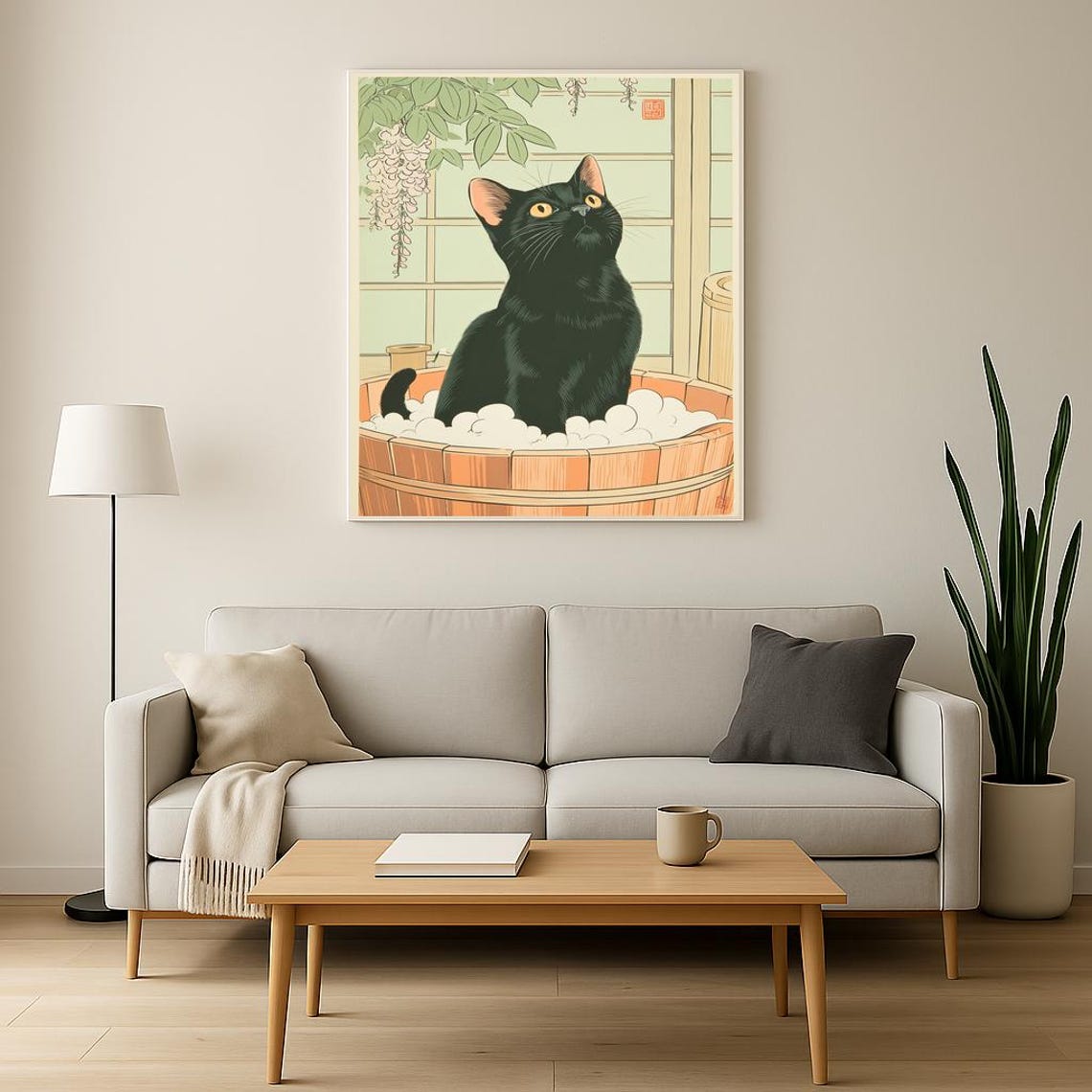 Black Cat in Bubble Bath Japanese Woodblock Style Wisteria Poster - Image 2