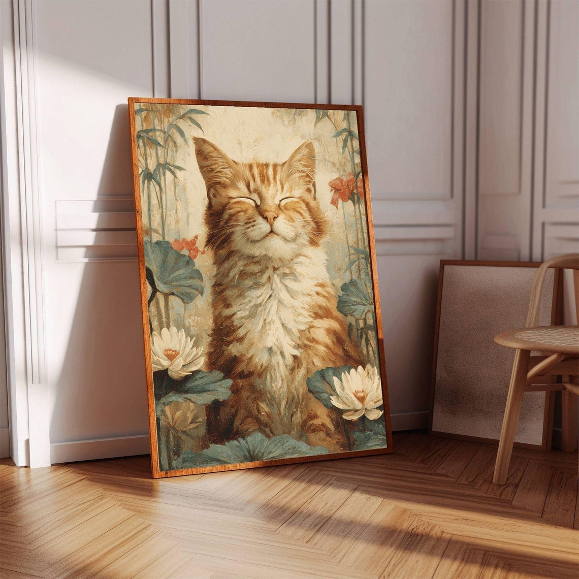Meditating Orange Fluffy Cat Lotus Flower Bamboo Garden Poster - Image 2