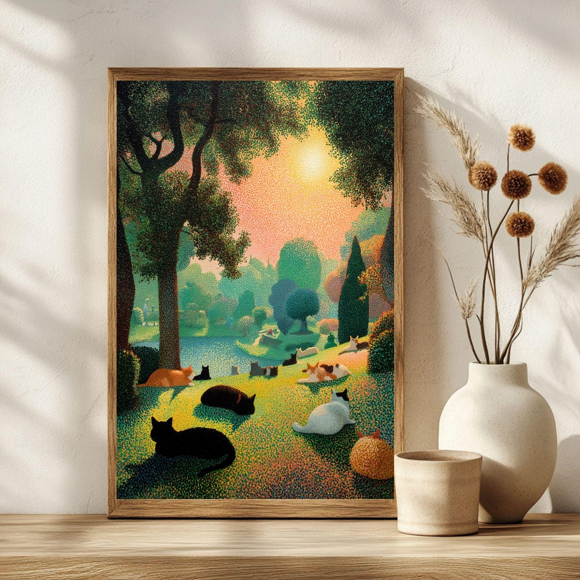 Lazy Cats Lounging in Sunny Park Seurat Style Pointillist Poster - Image 3