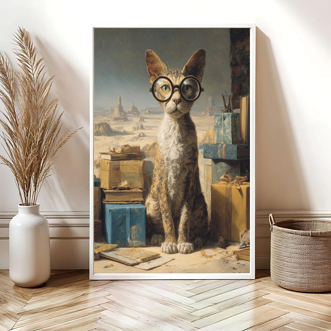 Surreal Cat Librarian in Round Glasses Desert Dreamscape Poster - Image 2
