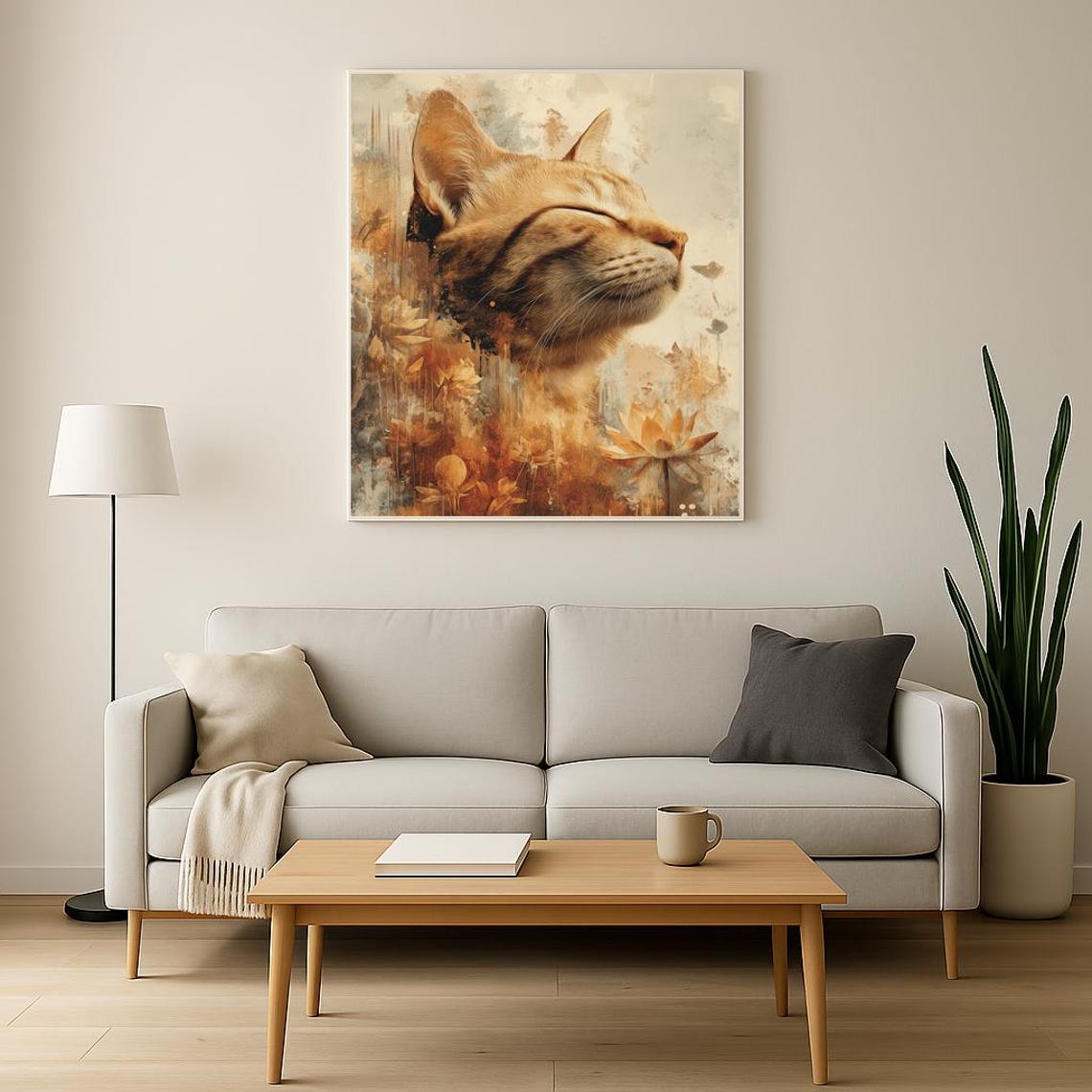 Serene Ginger Cat Profile Among Autumn Flowers Watercolor Poster - Image 3