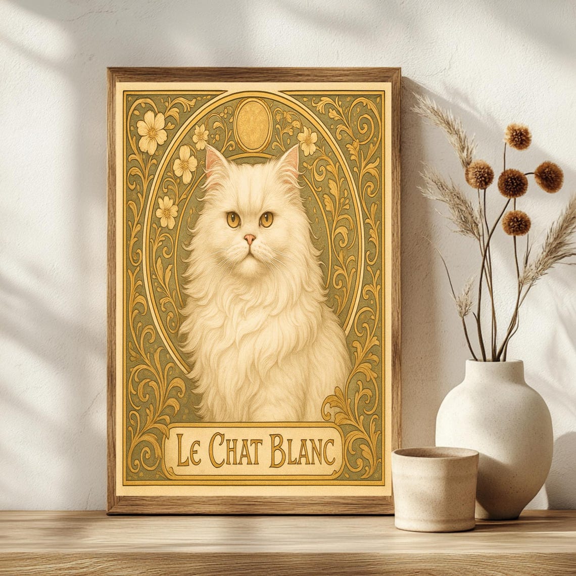 Le Chat Blanc White Persian Cat Art Nouveau Floral Gold Poster - Image 3