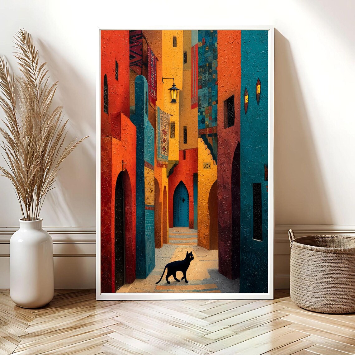 Black Cat Moroccan Medina Colorful Alley Impasto Oil Art Poster